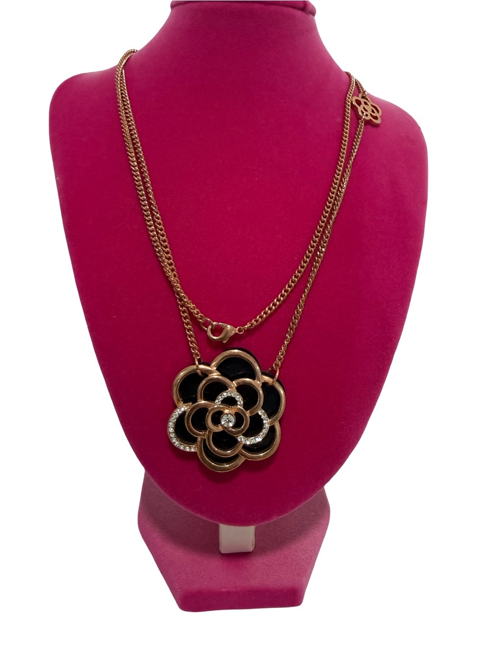 Gold-Tone Floral Pendant Necklace with Black background and Crystals
